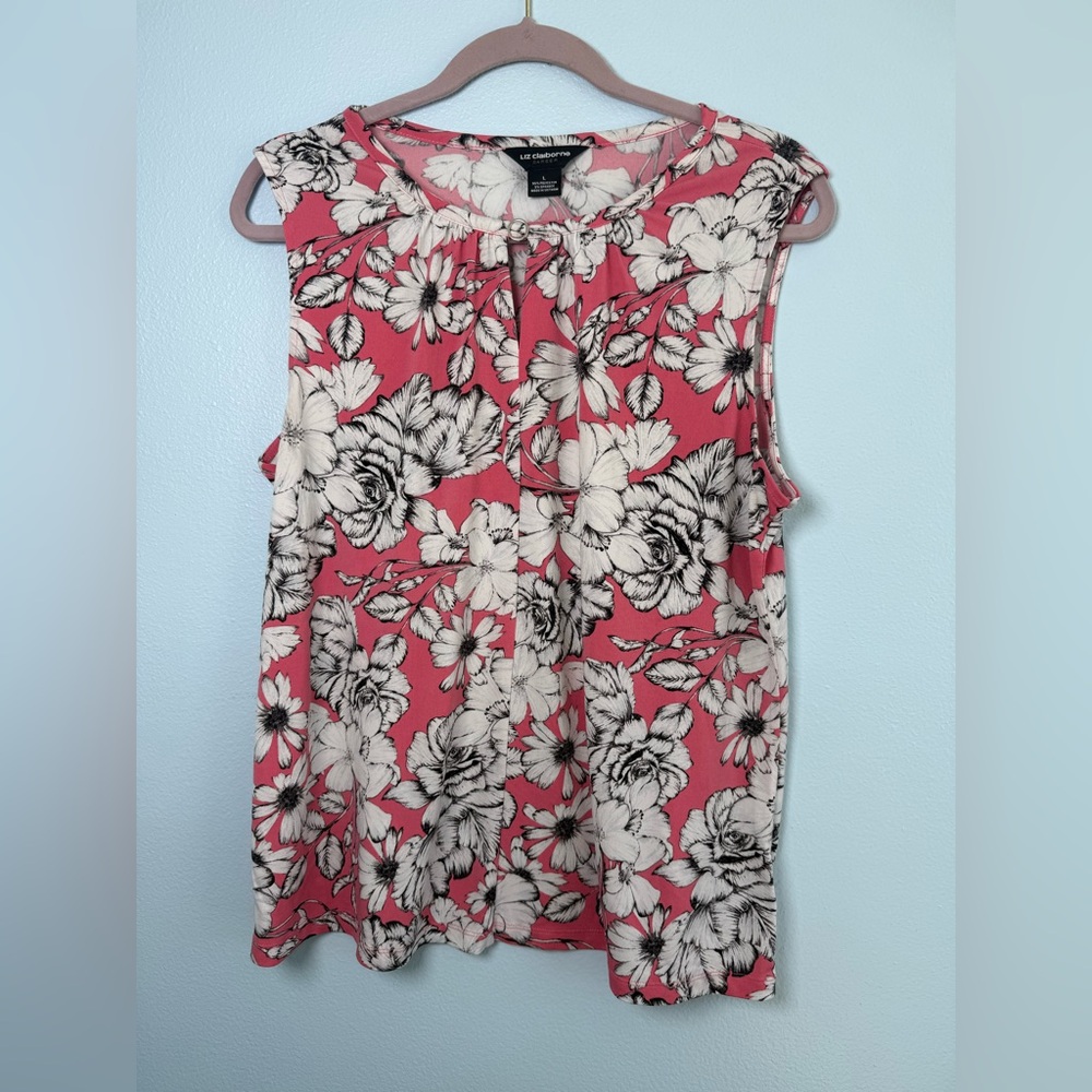 Liz Claiborne Coral Pink Floral Tie-Neck Sleeveless Top